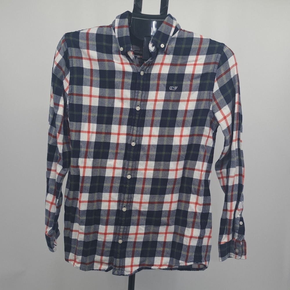 Vineyard Vines Boys Large Flannel Shirt Navy Blue Red Plaid Button Down Preppy